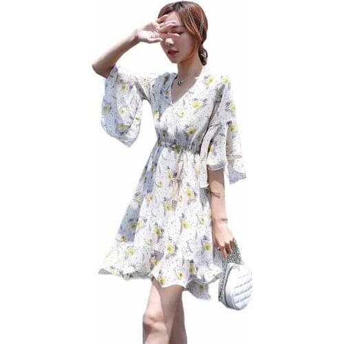 2019 Summer Elegant Dress Plus size XL-5XL Ruffle Print Chiffon Beach Dresses Female Flare Sleeve Slim Double layer Dress G427