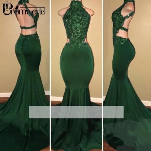 Emerald Green 2020 Prom Dresses Mermaid Halter Appliques Beaded Backless Long Prom Gown Evening Party Dress Robe De Soiree