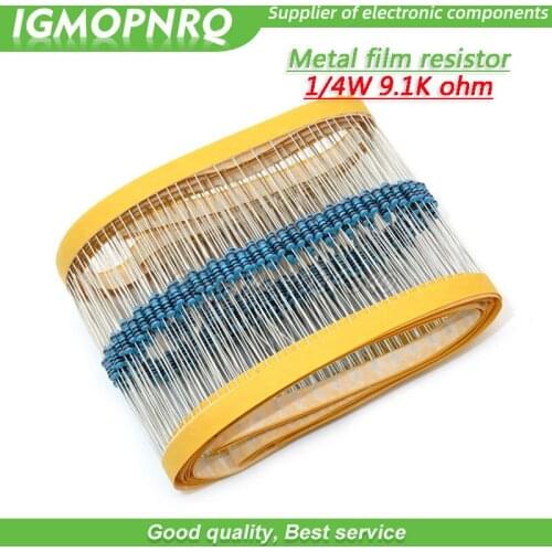 100pcs Metal film resistor Five color ring Weaving 1/4W 0.25W 1% 9.1K 9.1K ohm 9.1Kohm