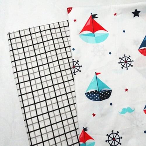 100x160cm Pretty Cartoon Sailing Ship & Black Grey Square Printed Cotton Fabric Floral Fabric For DIY Sewing Quilting Decoration
