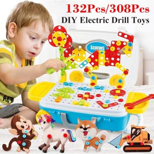 132/308Pcs Kids Electric Drill Toys DIY Educational Puzzle Toys Childrens Drill Nut Screwdriver DIY Assembled Tools Model Kit