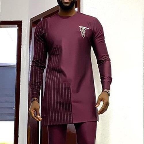 2021 African Men Dress Shirt Mid Length Round Neck Long Sleeve Tops Male Spring Plus Size Slim Dashiki Blouse Mans Clothing