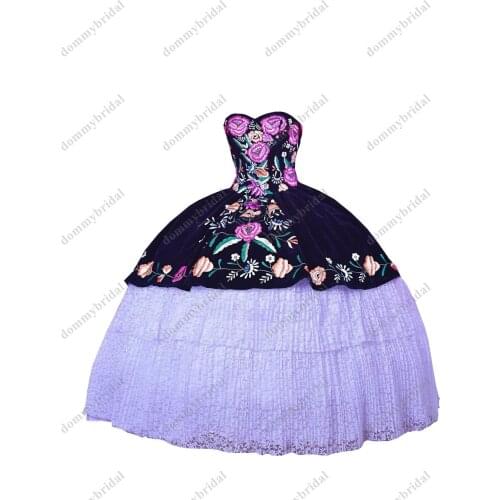 2022 Sexy Black Velvet White Lace Mexican Charro Quinceanera Dresses Colorful Flower Embroidery Pattern Sweet 15 16 Prom Formal