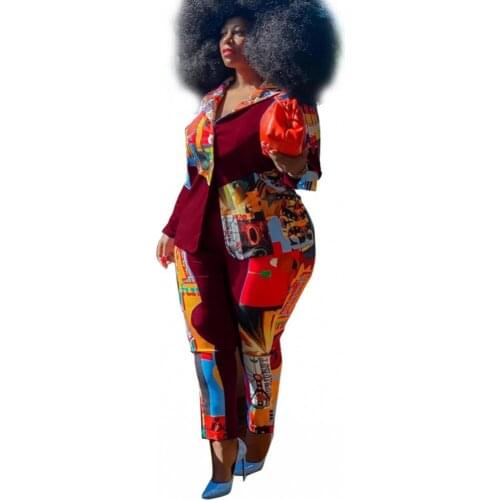 3XL 4XL Plus Size Print Women Sets Fashion Ladys Lapel Long Sleeve Single Breasted Suit Coat Pencil Pants Tracksuit Outfits