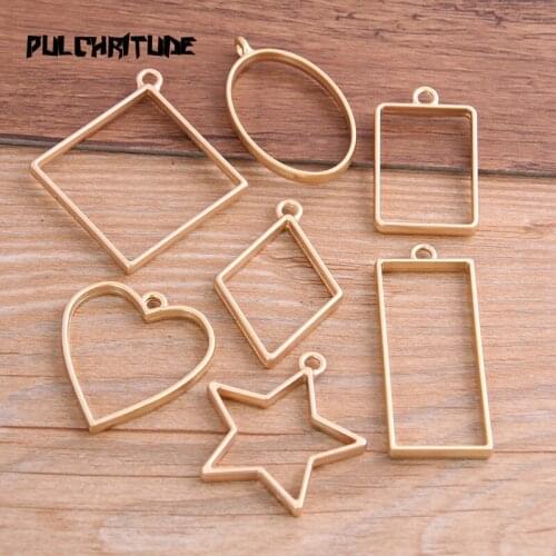 7pcs Dumb Gold 7style Polished Alloy Jewelry Accessories Geometry Charm Hollow Glue Blank Pendant Tray Bezel