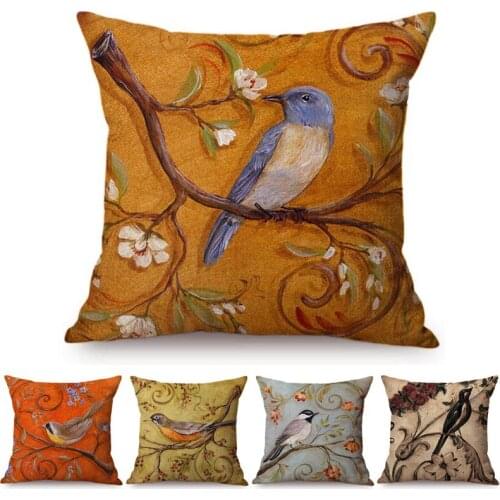 Vintage Style Oil Painting Birds Cushion Covers European Retro Flowers 3D Painting Art Cushion Cover Cotton Linen Pillow Case