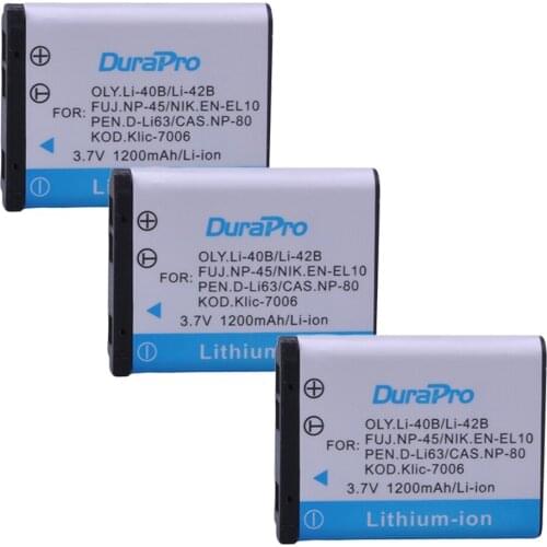 DuraPro 3Pc 3.7V 1200mAh LI-42B Li-40B LI42B Li 42B 40B EN-EL10 EN EL10 Camera Battery for OLYMPUS U700 U710 FE230 FE340 FE290