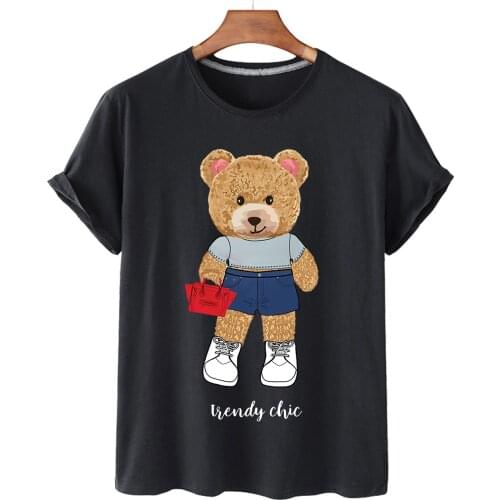 100% Cotton Bag Pretty Cute Bear Cartoon Print Short Sleeve 0 Collar Casual T-shirt Female High Quality Large Size T-shirt S-3XL