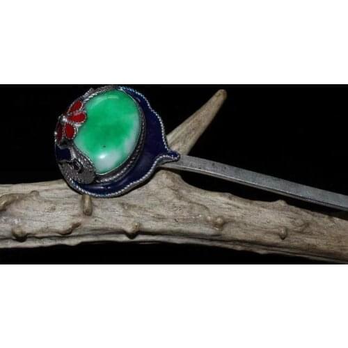 Exquisite Chinese Ancient Jade inlaid cloisonne filigree pure white copper hairpin