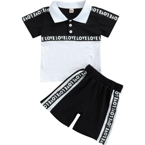 2 Pieces Kids Suit Set, Boys Letter Print Turn-Down Collar Short Sleeve Tops+ Short Pants, Black White, 1-6 Years