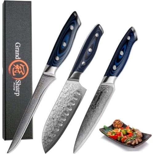 3 Pcs Damascus Chef Knives Sets Japanese Steel Damascus Santoku Utility Boning Kitchen Knives vg10 Chefs Pro Tools GRANDSHARP