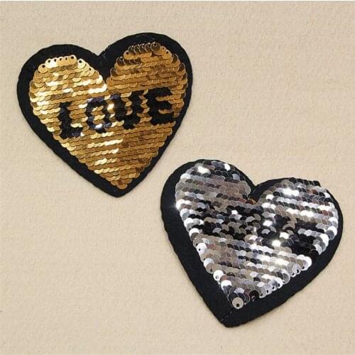 Patch deal with it clothes t shirt women stickers Reversible change color sequins golden silve 85mm heart patches for clothing