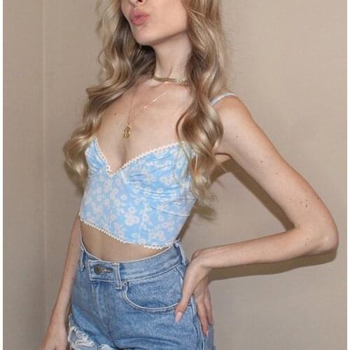 E-girl Y2K Sweet Deep V Spaghetti Strap Ruched Floral Camis Tops Summer Fashion Chic Backless Blue Crop Tops Streetwear