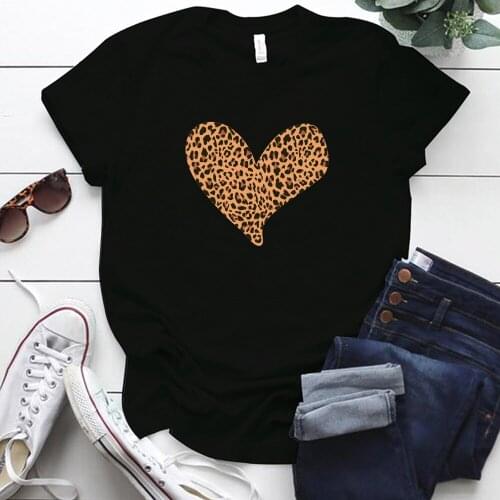 S-5XL Leopard Love Heart Graphic Tee Harajuku Short Sleeve T Shirt Funny Print Plus Size Summer Women Tops Mujer Camisetas