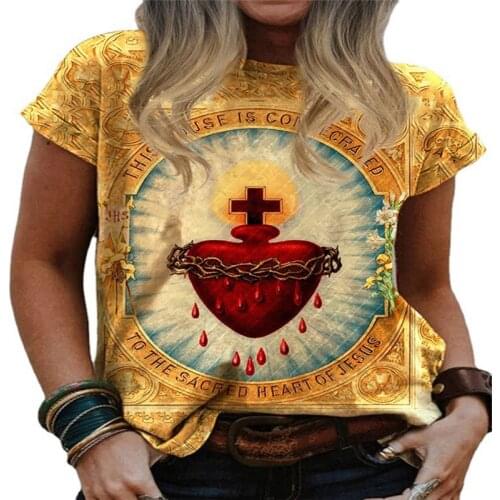 Women T-shirt Heart-shaped Print Cross O/V Neck Pullover Short-sleeve Oversize T-shirt For Female New Summer Gothic Clothing