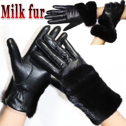 Ladies sheepskin gloves mink fur grass gloves windproof cold driving warmth thick touch screen winter new female leather gloves