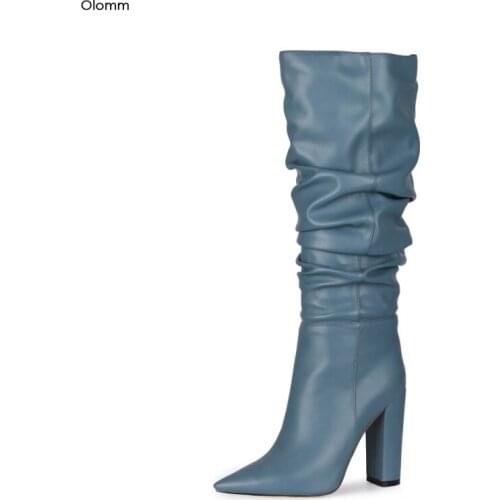 Olomm New Handmade Women Knee High Boots Stable Square High Heels Pointed Toe Gorgeous Blue Black Party Shoes Women US Size 4-13