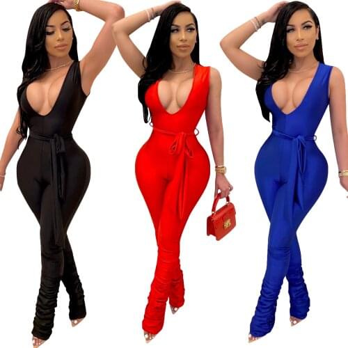 Women Jumpsuit Deep V-neck Stacked Jumpsuit Sleeveless