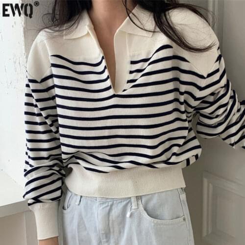 [EWQ] Fashion Korea Chic Red Striped Knitted Pullovers Womens Autumn 2021 New Lapel Loose Long Sleeve Sweater Female 16E3197