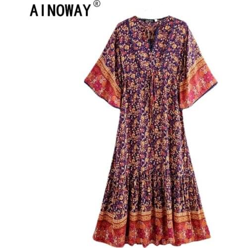 Vintage Chic women Floral print batwing sleeve beach Bohemian maxi dress Ladies V-neck Tassel Summer Boho happie dress vestidos