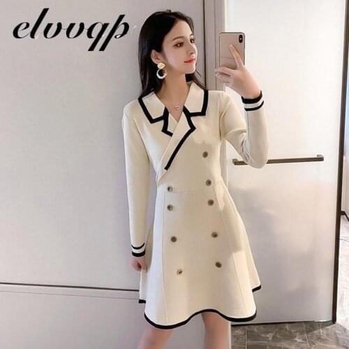 2020 Autumn Winter New V-neck And Long Sleeve Knitted Dress Women Slim Double Breasted Fashion Elegant Office Work Sweater Dress