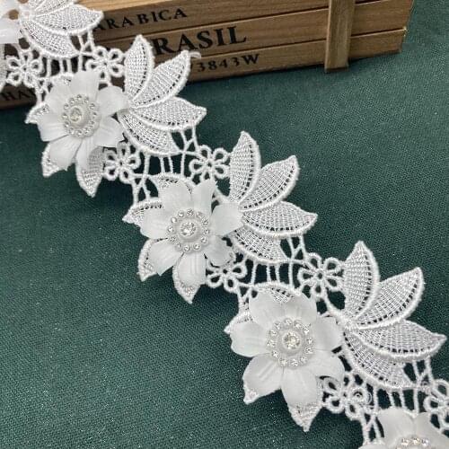 1 Yard Diamond Rose Flower Embroidered Appliques Trim Ribbon Sewing Rhinestone Lace Fabric Craft Women Wedding Dress Decoration