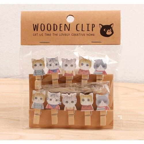 10 pcs/lot Kawaii Clever Cat Wooden Clip Photo paper Clothespin Craft Clips Party Decoration Clip with Hemp Rope