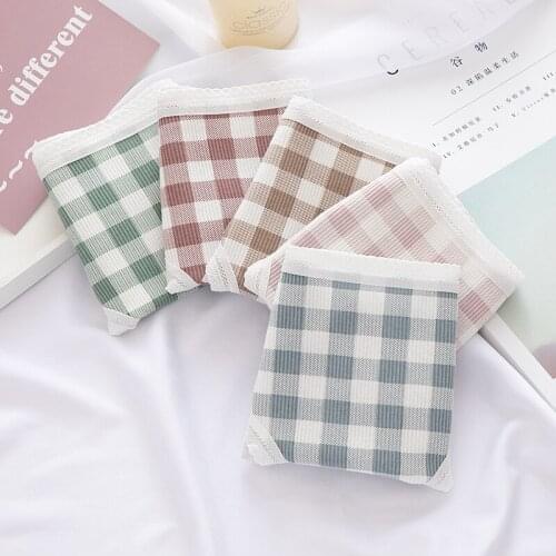 5pcs/lot Plaid Printed Cotton Underwear Womens Antibacterial Large Size Underwear Middle Waist Lace Girl Cute Student Briefs