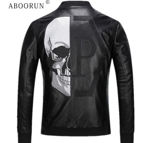ABOORUN Winter Mens Punk PU Leather Jackets Skull Motorcycle Leather Jackets Fashion Baseball Leather Coat for Male