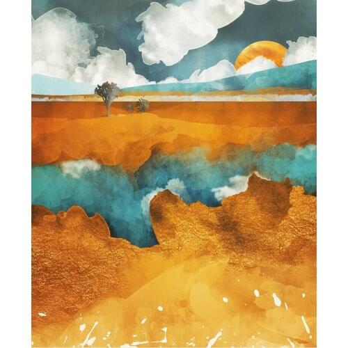 Abstract Canvas Painting Gold Blue Dessrt White Cloud Green Tree Room Posters Wall Art Bedroom Pictures Living Room Home Decor