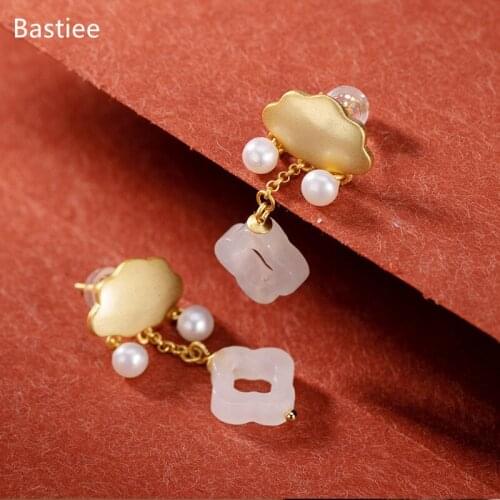 Bastiee 925 Sterling Silver Earrings Earings Fashion Jewelry Jade Golden Plated Korean Earrings Dangle Earrings