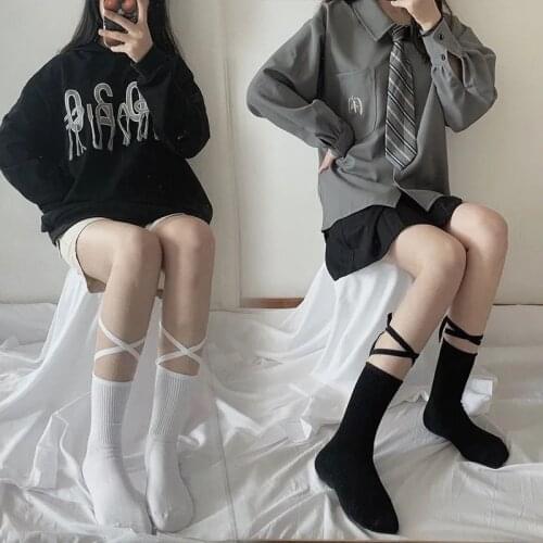 White Cross Socks Womens Tube Socks Summer Jk Socks Knee Socks Cotton Stockings Street Black Calf Socks Lolita Long Socks