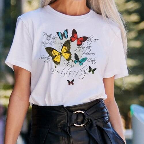 BLINGPAW Minimalist Women Graphics T-shirt Colorful Butterfly Flowers Short-sleeved Tops Tees O-Neck Casual Cloth 100% Cotton
