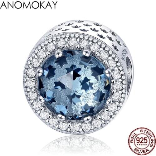 Anomokay 100% 925 Sterling Silver Sparkling Star Pave Blue CZ Beads fit Women Charm Bracelets & Necklaces for DIY Jewelry Making