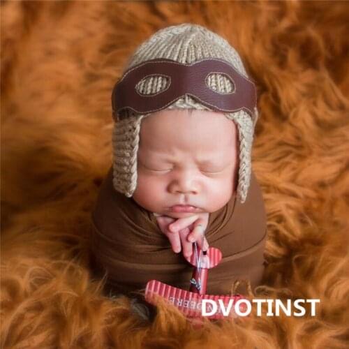 Dvotinst Newborn Photography Props Fotografia Cotton Knitted Pilot Flyer Baby Hat Wraps Accessorio Studio Shoot Photo Prop