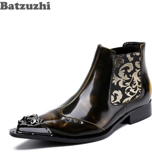 Batzuzhi Italian Men Leather Boots Brown Ankle Pointed Metal Tip Men Dress Boots Botas Hombre Western Cowboy Shorty Boots Men