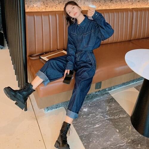 Vintage Denim Jumpsuit Women Long Sleeve Loose Bandage Wide Leg One Piece Jeans Cargo Pants Streetwear Hip Hop Overalls 7571