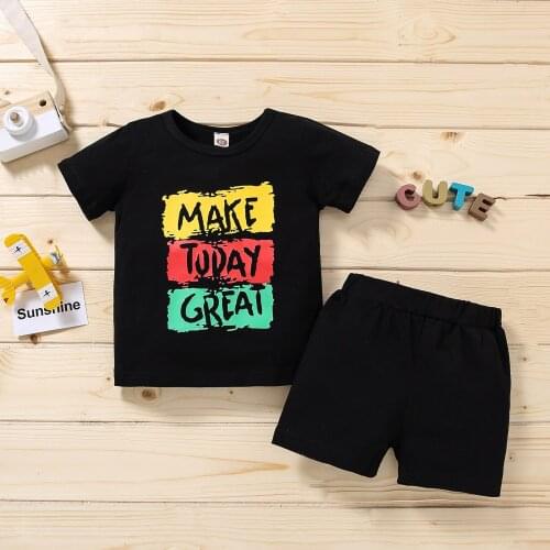 2 Pcs Infant Casual Outfits Baby Boy Letter Pattern Short Sleeve Round Neck T-shirt + Solid Color Shorts