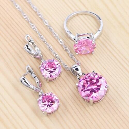 Cute Jewelry Pink Round Cubic Zirconia Jewelry Set 925 Sterling Silver Wedding Earrings/Pendant/Necklace/Ring For Women