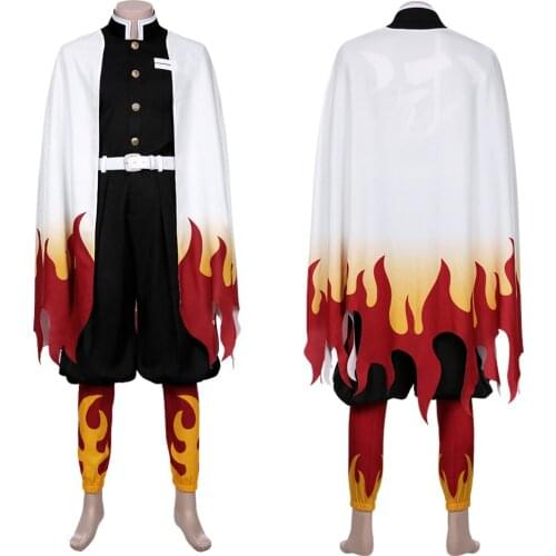 Demon Slayer Kimetsu no Yaiba Cosplay Costume Rengoku Kyoujurou Cosplay Cloak Tops Pants Full Set Adult Halloween Suit