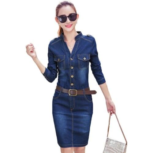 Fashion A-line Style Women Casual Denim Dress Vintage Jeans Dresses Long Sleeve Spring Mini V-Neck Dress Blue Vestidos Femme 215