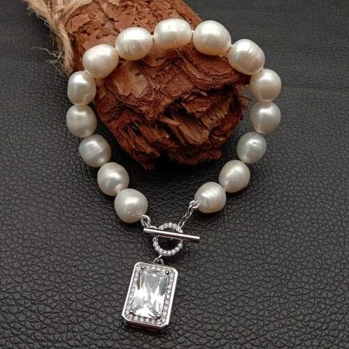 Natural Freshwater White Rice Pearl strand Bracelet Cz Pave Toggle Clasp Valentines Day gift