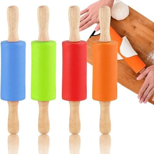 Non-stick Wooden Handle Silicone Rolling Pin Pastry Dough Flour Roller Kitchen Baking Cooking Tools Rouleau A Patisserie