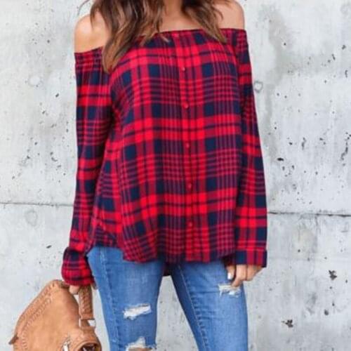 New 2020 Womens Fashion Plaid Shirts Long Sleeve Slash Blouses Women Cotton Plus Size Casual Off Shoulder Shirt Style Blusas