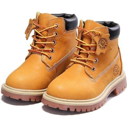 New high quality Genuine leather Boy Girl Boots 21-37 Autumn Yellow Martin boots for Boys Plush Warm Winter Shoes for girls kids