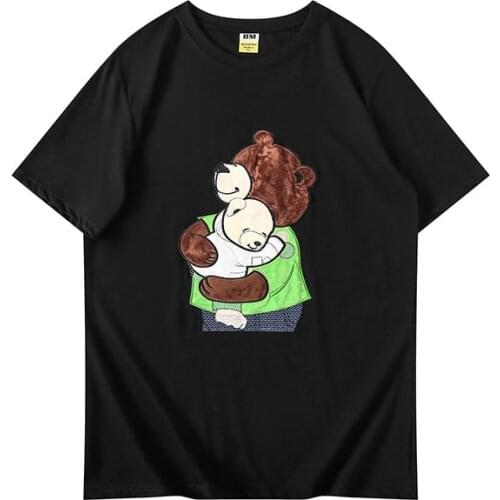 Pure Cotton Casual Short-Sleeved T-Shirt Summer Loose Breathable Bear Embroidery Cartoon Pattern Solid O-Neck Parent-Child Tops