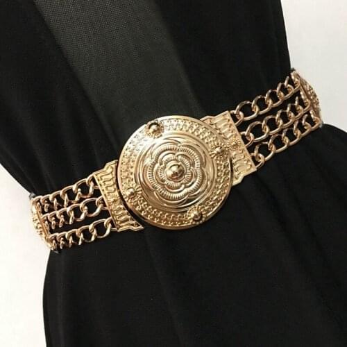 New Women Flower Waist Belts Ladies Floral Elastic Wide Gold Metal Belt for Dress Female Golden Chain Belt Girls