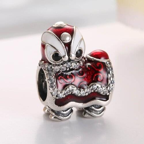 Authentic S925 Bead DIY Jewelry Red Enamel Cute Lion Charm fit Lady Bracelet Bangle Lady Birthday Gift