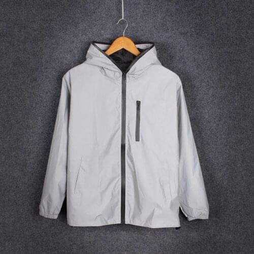 Unisex Long Sleeve Zipper Reflective Jacket Hooded Windbreaker Street Style Jacket Couple Wear Windbreaker