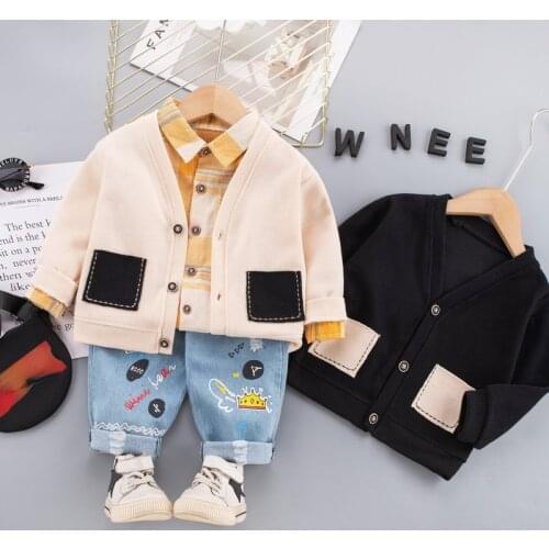 Spring Autumn Baby Boys Girls Clothing Sets Toddler Infant Solid Knitted Coat+Plaid Shirt+Cartoon Jeans Children Casual Costume